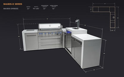 Mont Alpi 94"W x 98"D Deluxe Stainless Steel L-shaped Modular Outdoor Kitchen Island with 3-tap Kegerator Beer Dispenser Refrigerator + 44"W 6-Burner BBQ Grill + Granite Countertops + Storage Cabinets