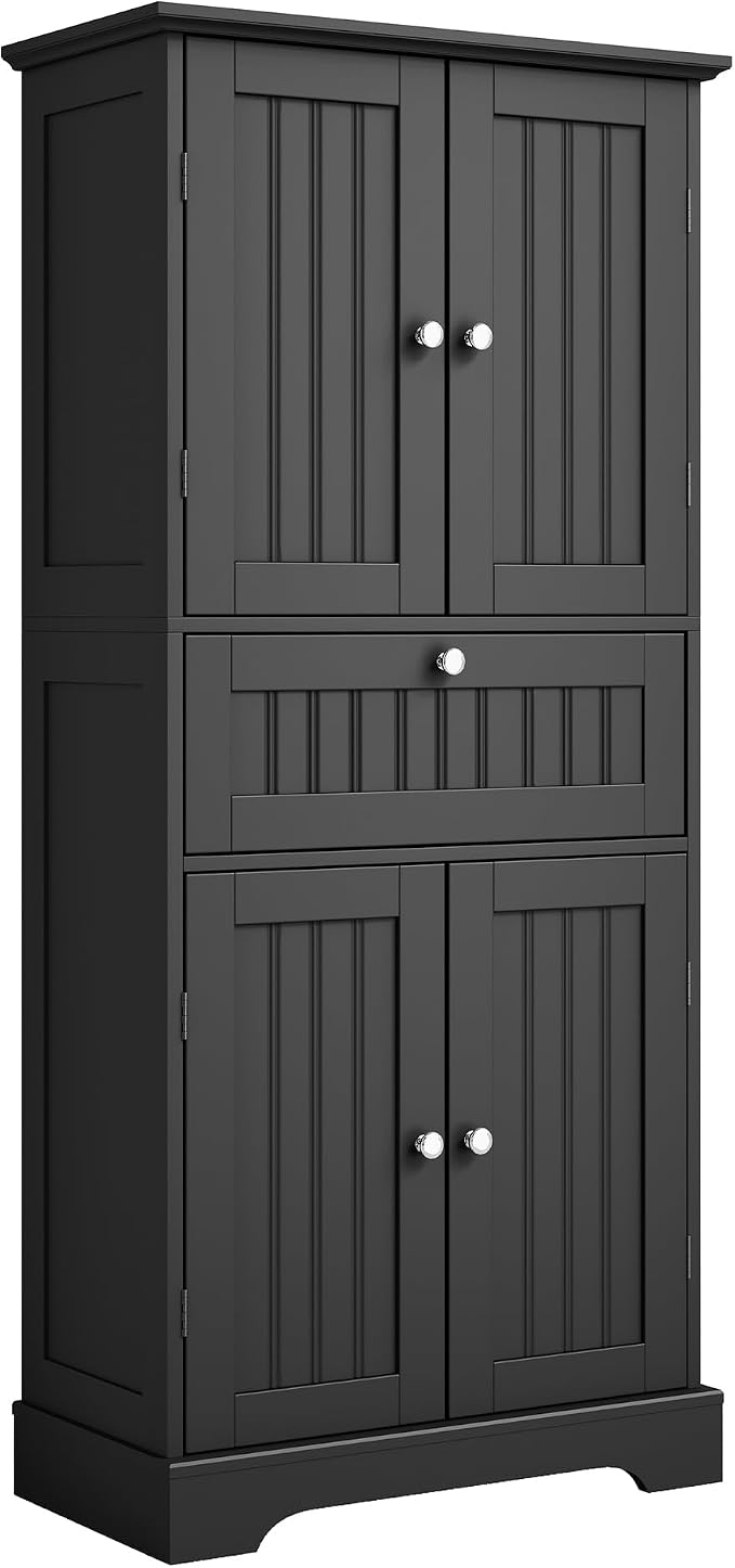 ChooChoo 51" H Bathroom Floor Cabinet with Drawers and Adjustable Shelves | Bathroom Storage Cabinet, Freestanding Kitchen Pantry Cupboard with 4 Doors for Living Room, Black