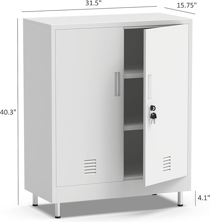 JINGUR Metal Storage Cabinet with Locking Doors and 2 Adjustable Shelves, Lockable Storage Cabinet for Home Office Garage Pantry Living Room (White)