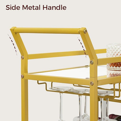 MAHANCRIS Bar Cart for Home, 3-Tier Serving Cart with Mirrored Top, Beverage Cart with Wine Rack and Glass Holder, Drink Cart with Wheels, for Dining Room, Living Room, Gold and White RCJM7101