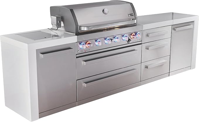 Mont Alpi Deluxe 119"W x 23"D Stainless Steel Modular Outdoor Kitchen Island with Infrared Side Burner + 44"W 6-Burner BBQ Gas Grill + Granite Countertops & Sides + Storage Cabinets + Drawers + Cover