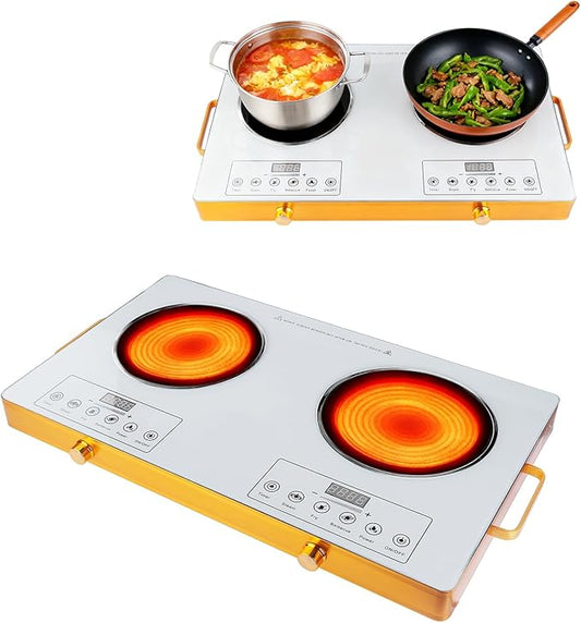 Electric Charcoal Burner Stove, 500W Single Coil Hot Plate Starter with Grill Tongs, 5-Level Temp, Smart Heat Control & Stainless Steel Fast Heating for Cooking top Countertop (5543White-Double)