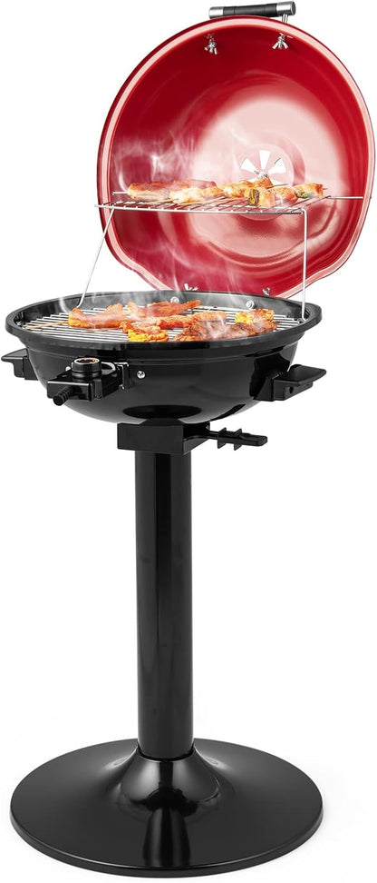 ORALNER Electric BBQ Grill with Stand, Warming Rack & Drip Tray, 15-Serving Electric Griddle Indoor & Outdoor Cooking Grilling Portable Patio Grill, for Balcony, Garden, Apartment, 1600W (Red)