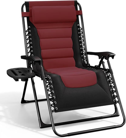 Nestl Padded Oversized Zero Gravity Chair, XL Folding Outdoor Lounge Chair | Adjustable Headrest, Cup Holder & Side Tray, Support 330 LBS, Reclining & Foldable, For Patio Beach & Camping, Black/Burgundy
