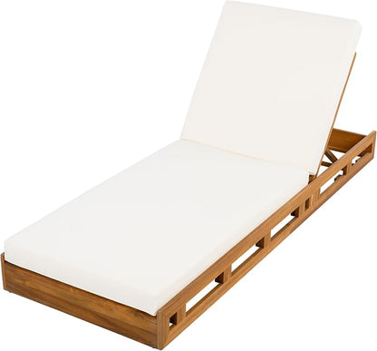Merax Patio Chaise Lounge with Adjustable Backrest & Cushion, Acacia Wood Recliner Chair with Teak Finish for Backyard Pool Garden