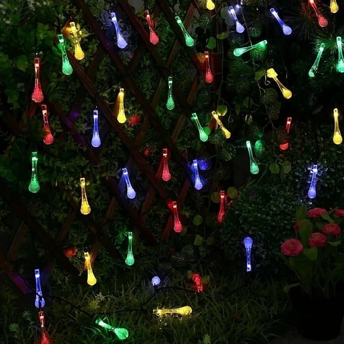 Solar Lights, Outdoor 21FT 30 LED Multicolor Water Drop Fairy Lights | Waterproof solar water fairy string lights with 8 modes auto on/off, decor for garden, patio, yard, tree, wedding