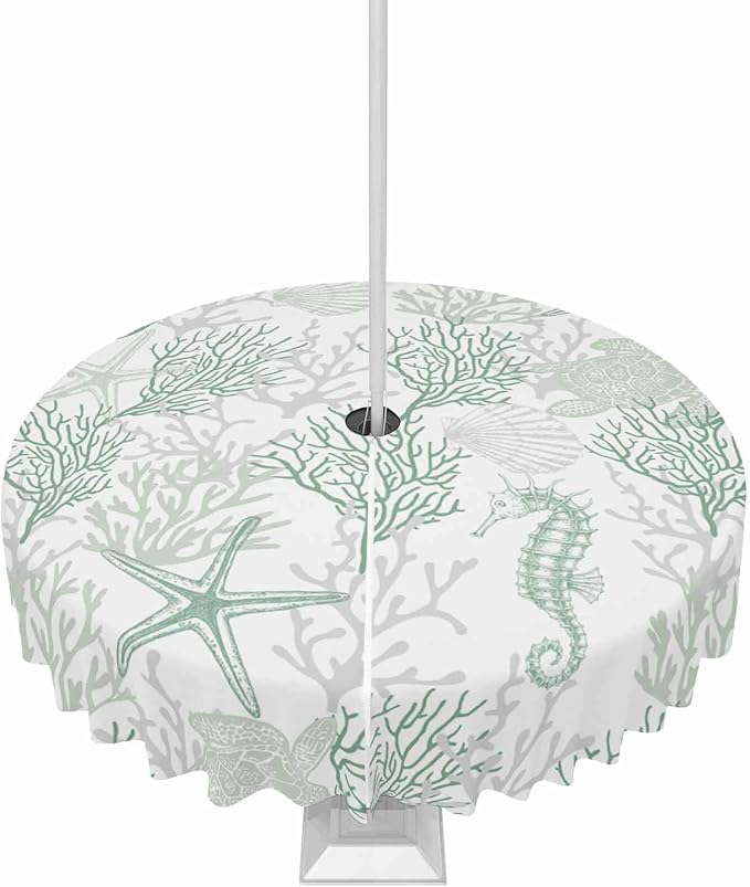 Sage Green Coastal Outdoor Tablecloth - 60 Inch Round Waterproof Dining Table Cover, Sea Turtle Nautical Coral Beach Starfish Outdoor Table Cloth with Umbrella Hole & Zipper for Picnic