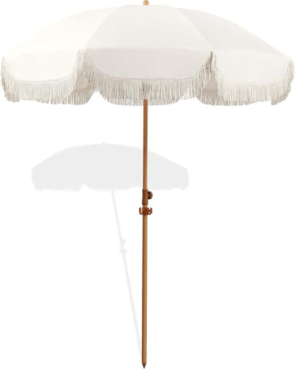 Seazul 7.5ft Patio Umbrella with Fringe, Beach Umbrella, Fringe Umbrella Outdoor Patio with Hanging Hook, Tilting Aluminum Pole, UV 50+, Fiberglass Ribs, Elegant Cream