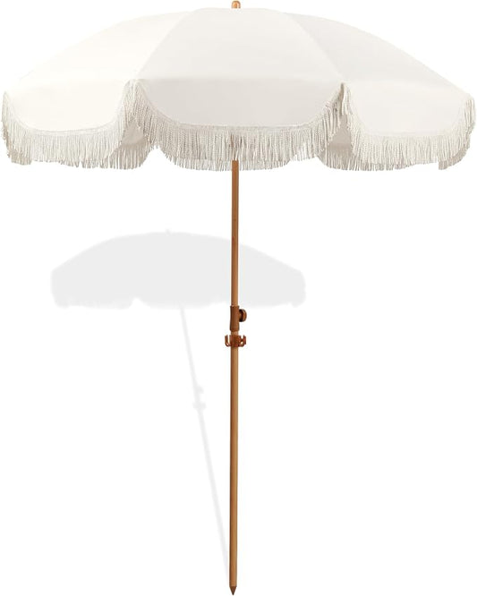 Seazul 7.5ft Patio Umbrella with Fringe, Beach Umbrella, Fringe Umbrella Outdoor Patio with Hanging Hook, Tilting Aluminum Pole, UV 50+, Fiberglass Ribs, Elegant Cream