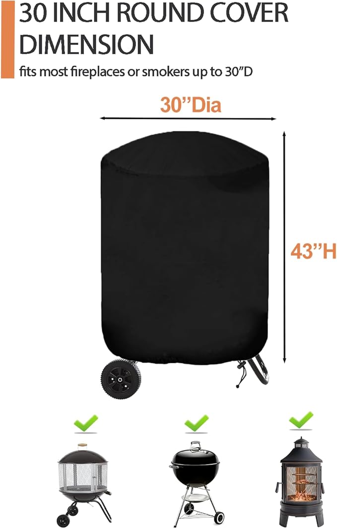 SheeChung Outdoor Fireplace Cover Round 30"Dx43"H,Waterproof Grill Cover for Weber Kettle Charcoal 22 Inch,Heavy Duty 600D Outside Covers for Wood Burning Chiminea,BBQ Grill Smoker,UV Resistant