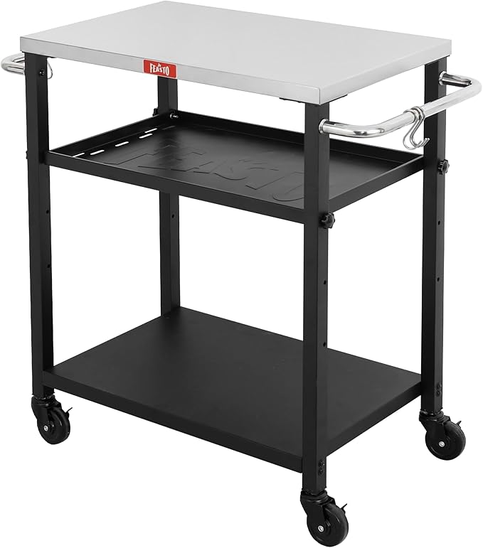 Feasto 3-Tier Outdoor Grill Cart, Rolling Pizza Oven Table with Compact 26.6" x 16.1" Stainless Top for Pizza Ovens & Griddles, Outdoor Bar Cart with S-Hooks for Patio Parties, Deck Dining & Camping