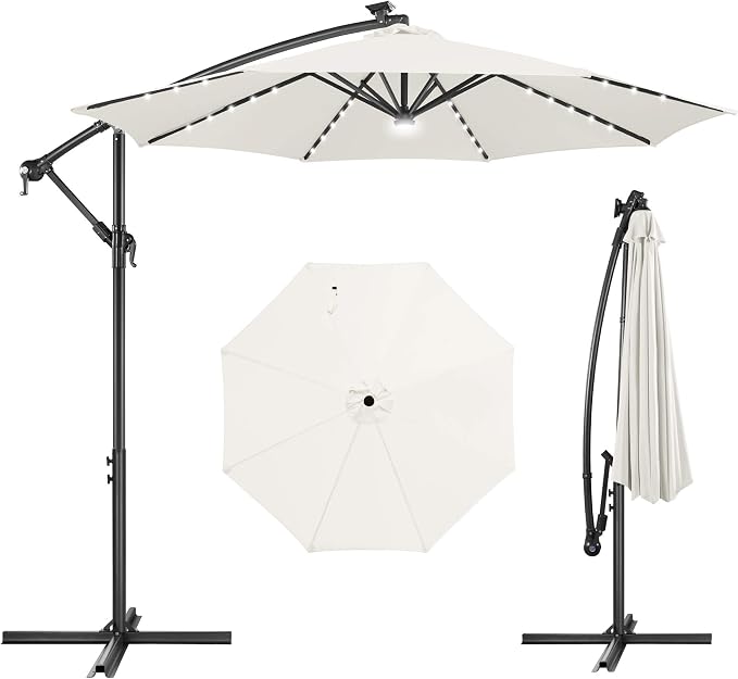 10 ft Solar Patio Umbrella Cantilever with Centre Light, Ivory | 40 LED Lights, UV Protection, Large Offset Patio Umbrella Outdoor for Garden, Deck, Backyard, Pool, Porch, Provides Shade