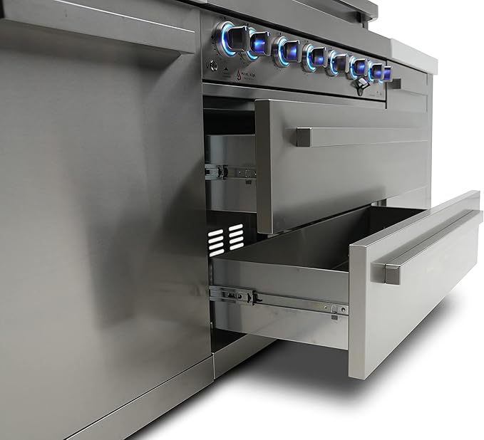 Mont Alpi Premium 94"W x 23"D Deluxe Stainless Steel Modular Outdoor Kitchen Island with Infrared Side Burner + 44"W 6-Burner BBQ Gas Grill + White Granite Countertops + Storage Cabinets & Drawers