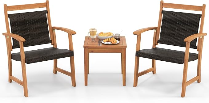 HAPPYGRILL 3 Pieces Rattan Wood Bistro Set, Patio Wicker Chairs Set with Acacia Wood Side Table, Outdoor Sofa Furniture Set for Yard Garden Porch Poolside