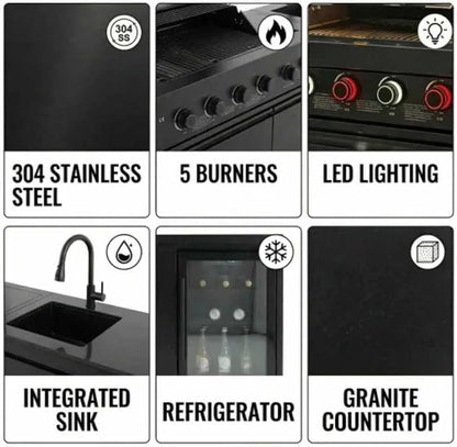 84" Stainless Steel Outdoor Kitchen BBQ Island Grill with LPG Black | 6-Burner 75300 BTU Propane Gas BBQ Grill with Sink, Wine Cooler, Refrigerator, Granite Countertops & Rotisserie Kit