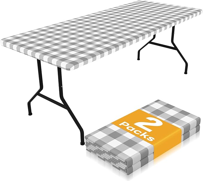 Smiry Picnic Table Cloth 2 Pack, Waterproof Elastic Fitted Tablecloths for 4FT Rectangle Tables, Washable Polyester Buffalo Plaid Tablecloth for Camping, Dining & Outdoor (Grey & White, 30" x 48")