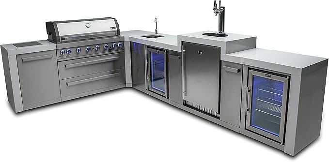 Mont Alpi 94"W x 136"D Deluxe L-shaped Stainless Steel Outdoor Kitchen Island + Refrigerator Faucet & Sink + 3-tap Kegerator Beer Dispenser + 44"W 6-Burner BBQ Gas Grill + Granite Countertops + Cover