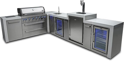 Mont Alpi 94"W x 136"D Deluxe L-shaped Stainless Steel Outdoor Kitchen Island + Refrigerator Faucet & Sink + 3-tap Kegerator Beer Dispenser + 44"W 6-Burner BBQ Gas Grill + Granite Countertops + Cover