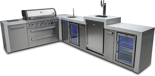 Mont Alpi 94"W x 136"D Deluxe L-shaped Stainless Steel Outdoor Kitchen Island + Refrigerator Faucet & Sink + 3-tap Kegerator Beer Dispenser + 44"W 6-Burner BBQ Gas Grill + Granite Countertops + Cover