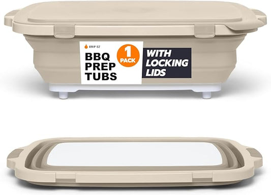Drip EZ Collapsible BBQ Prep Tub - For Meal Prep, Marinating, Food Storage - Includes Cutting Board & Locking Lid - (1) XL - Sandstone