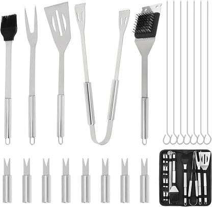 20 Pcs Stainless Steel BBQ Grill Tools Set, Heavy Duty Outdoor Barbecue Utensils Kit with Spatula, Tongs, Fork, Skewers, Meat Thermometer & Storage Bag for Camping, Backyard, Picnic
