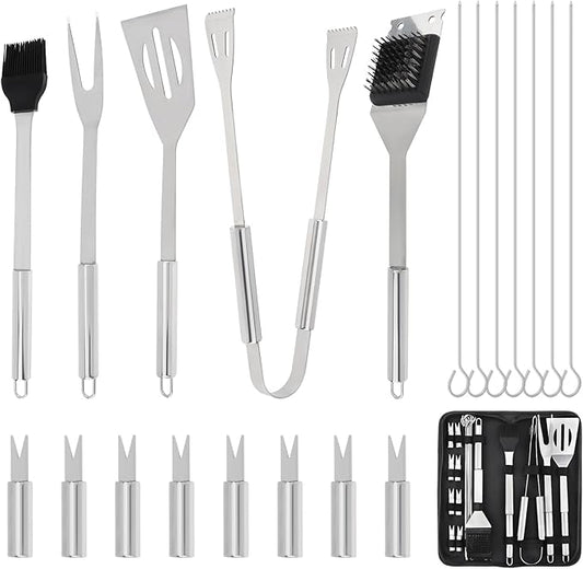 20 Pcs Stainless Steel BBQ Grill Tools Set, Heavy Duty Outdoor Barbecue Utensils Kit with Spatula, Tongs, Fork, Skewers, Meat Thermometer & Storage Bag for Camping, Backyard, Picnic