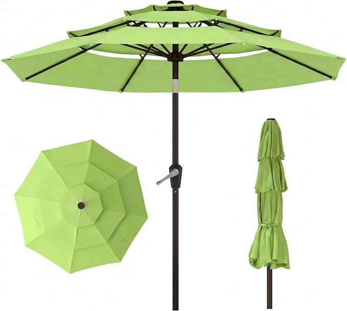 10ft 3 Tier Patio Umbrella, Outdoor Market Table Umbrella with UPF 50+ Vented Canopy, 8 Sturdy Ribs, Easy Push Button Tilt and Crank, Windproof for Deck, Pool, Backyard and Garden