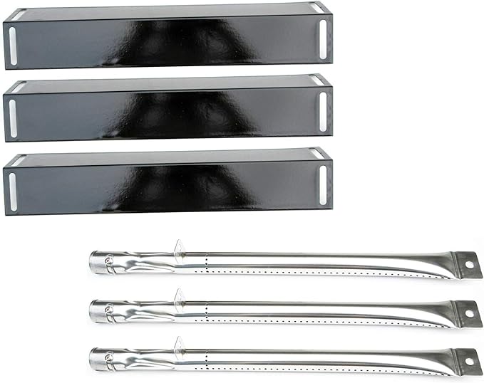 Parts Kit DG116 Replacement for BBQ Grillware GGPL-2100 Gas Grill Burners, Heat Plates-3 Pack (Stainless Steel Burner + Porcelain Steel Heat Plate)