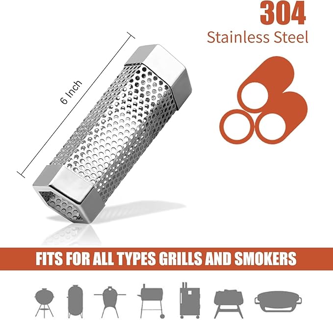Smoke Tube for Pellet Smoker, 6" Stainless Steel Smoke Generator, 3 Hours Continuous Billowing Smokes, Hexagon Smoker accessories Fits Grill & Smokers, Ideal for Hot/Cold Smoking Meat, Fish, Cheese