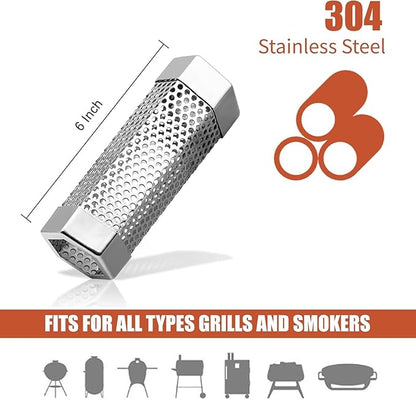 Smoke Tube for Pellet Smoker, 6" Stainless Steel Smoke Generator, 3 Hours Continuous Billowing Smokes, Hexagon Smoker accessories Fits Grill & Smokers, Ideal for Hot/Cold Smoking Meat, Fish, Cheese