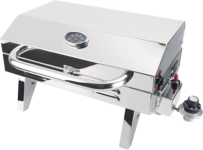 Boat Grill, 304 Stainless Steel Marine Grills w/Rod Holder Mount, Heat-Resistant Handle, Portable Propane BBQ for Boats & Tailgating & Camping, Built in Thermometer