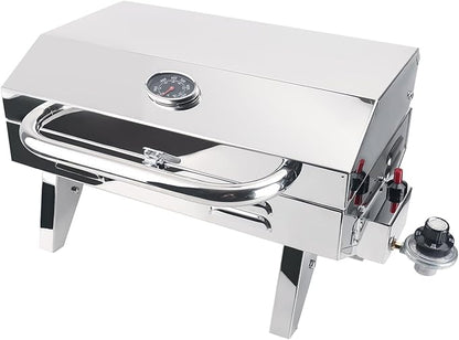 Boat Grill, 304 Stainless Steel Marine Grills w/Rod Holder Mount, Heat-Resistant Handle, Portable Propane BBQ for Boats & Tailgating & Camping, Built in Thermometer