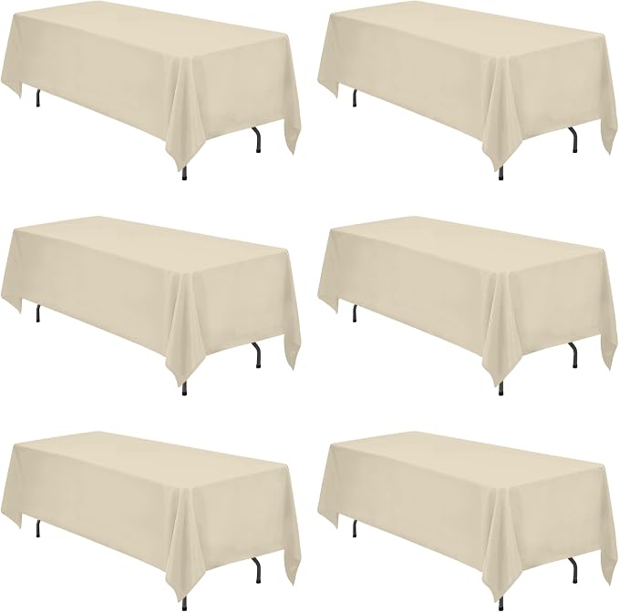 BRILLMAX 6 Pack Beige Tablecloths 70x120 Inch for 6-8ft Rectangle Tables | 150 GSM Polyester Fabric, Universal Fit, Water, Stain & Wrinkle Resistant Cloth Cover for Wedding Reception Banquet Party