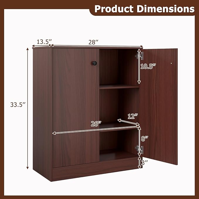 Giantex 2 Door Storage Base Cabinet (Brown) | 3-Tier Base Cabinet with Non-Slip Foot Pads, Kitchen Cupboard Storage Organizer for Living Room, Hallway, Entryway, Office