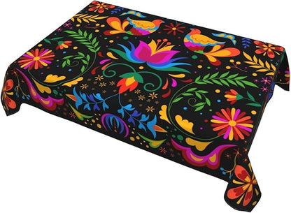 Mexican Floral Table Cloth, Waterproof Mexican Flower Tablecloth for Kitchen Dining Room, Picnic Party, Weddings, Outdoor Indoor 54x72 in Rectangle Black Table Cover
