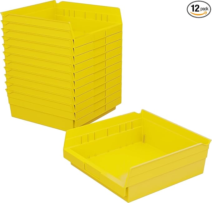Akro-Mils 30170 Heavy Duty Plastic Shelf Bins, 12"x 11"x 4", Yellow, 12-Pk | Heavy Duty Nesting Storage Bins for Garage, Closet, Refrigerator, Kitchen, Cabinet, Drawer Organization, Pantry Organization