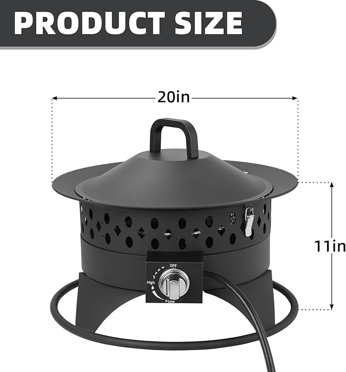 Breezz 20” Outdoor Fire Pit with Grill, 60000 BTU Smokeless Firepit, External Propane Required, Foldable Cooking Grate, Adjustable Flame, Patio Camping BBQ