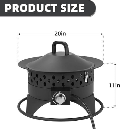 Breezz 20” Outdoor Fire Pit with Grill, 60000 BTU Smokeless Firepit, External Propane Required, Foldable Cooking Grate, Adjustable Flame, Patio Camping BBQ