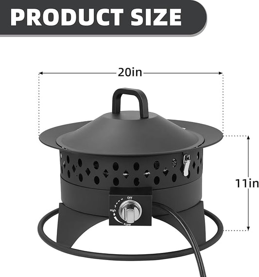 Breezz 20” Outdoor Fire Pit with Grill, 60000 BTU Smokeless Firepit, External Propane Required, Foldable Cooking Grate, Adjustable Flame, Patio Camping BBQ