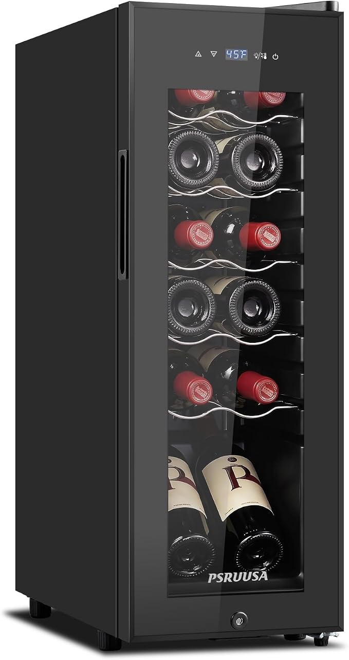12 Bottle Wine Fridge, Slim Wine Cooler Refrigerator with Glass Door for Red, White, Champagne, Compressor Cooling, Freestanding Wine Refrigerator for Home Bar, Apartment, Office