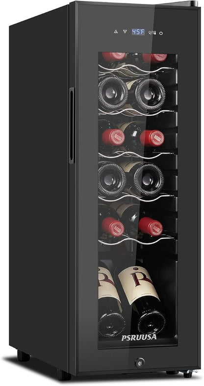 12 Bottle Wine Fridge, Slim Wine Cooler Refrigerator with Glass Door for Red, White, Champagne, Compressor Cooling, Freestanding Wine Refrigerator for Home Bar, Apartment, Office
