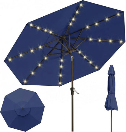 10FT Solar Lighted Patio Umbrella, Outdoor Table Market Umbrellas with Push Button Tilt and Crank, 32 LED Lights, 8 Sturdy Ribs, UV-Resistant for Deck, Garden, Pool