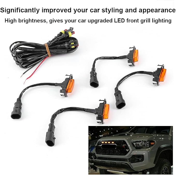 Grille Lights, 4pcs 12V Car LED Grille Light High Brightness Accessory Fit for Toyota 2016‑2020 (Yellow Shell Yellow Light)