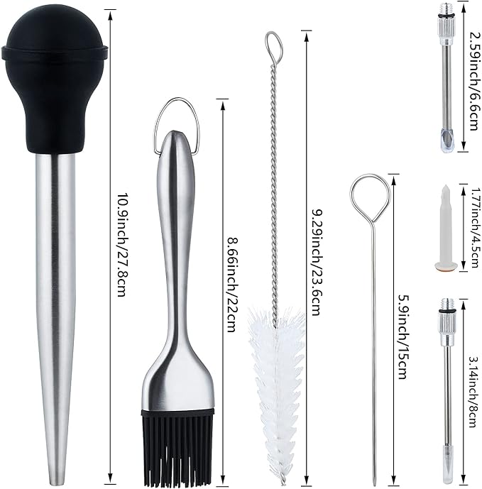 Turkey Baster Set w/Timer and Lacer – Stainless Steel Turkey Baster with Silicone Bulb, 2xPump Flavor Injectors, Silicone Brush, Pop-Up Timer, Turkey Lacer and Cleaning Brush, A Must For Thanksgiving