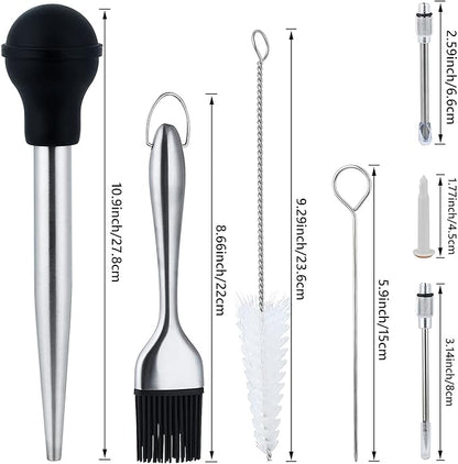 Turkey Baster Set w/Timer and Lacer – Stainless Steel Turkey Baster with Silicone Bulb, 2xPump Flavor Injectors, Silicone Brush, Pop-Up Timer, Turkey Lacer and Cleaning Brush, A Must For Thanksgiving