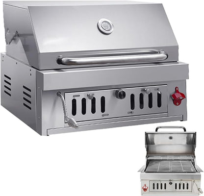 Built-In Charcoal Grill, Charcoal BBQ Grills with Liftable Tray, Insulated Hood & Temperature Gauge, Heavy-Duty 304 Stainless Steel Barbecue Grill for Outdoor Kitchen, Camping