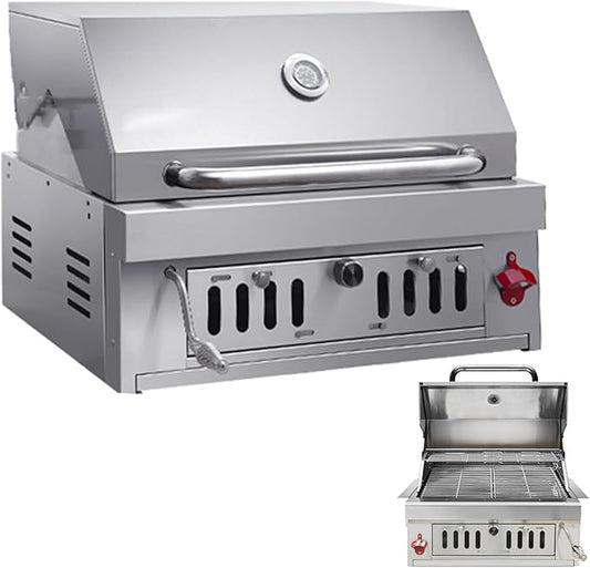 Built-In Charcoal Grill, Charcoal BBQ Grills with Liftable Tray, Insulated Hood & Temperature Gauge, Heavy-Duty 304 Stainless Steel Barbecue Grill for Outdoor Kitchen, Camping