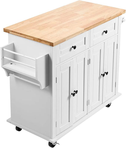 VEVOR Kitchen Island Cart with Solid Wood Top, 35.4" Width Mobile Carts with Storage Cabinet, Rolling Kitchen Table with Spice Rack, Towel Rack, and Drawer, Portable Islands on Wheels, White | Rolling Kitchen Table with Storage Cabinet, Spice Rack, Tow...