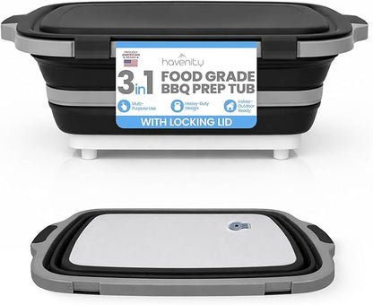 BBQ Prep Tub 8L - Multifunctional Collapsible Camping Cutting Board with Upgraded Locking lid, Meat Storage Container for Meal Prep, Dish Basin Bowl Perfect for Grilling Outdoor Cooking Large
