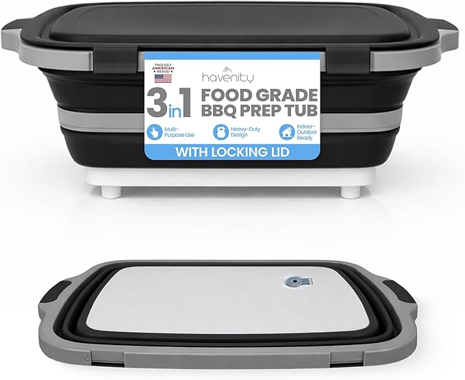 BBQ Prep Tub 16L - Multifunctional Collapsible Camping Cutting Board with Upgraded Locking lid, Meat Storage Container for Meal Prep, Dish Basin Bowl Perfect for Grilling, Outdoor Cooking XL